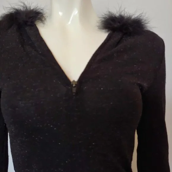 Black and gold fleck zip sweater hoodie with boa trimmed hood - Picture 4 of 11